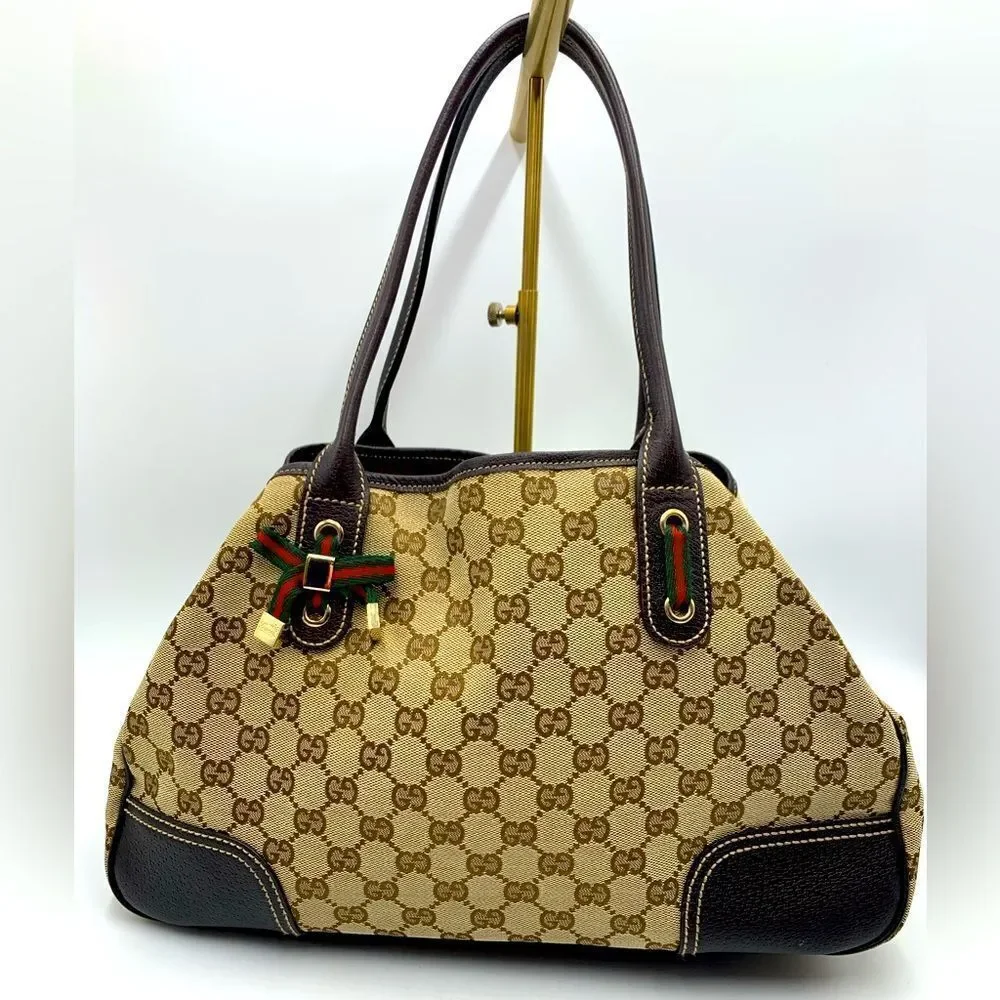 Auth GUCCI GG Monogram Tan Brown Canvas Leather Princey Shoulder 2way Handbag